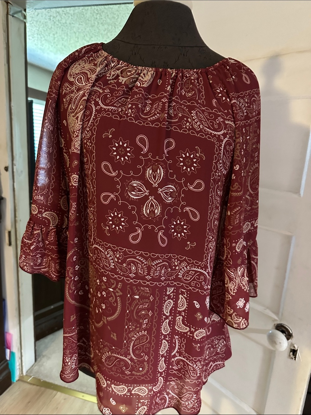 Boho-Maroon Paisley Peasant Tunic Top